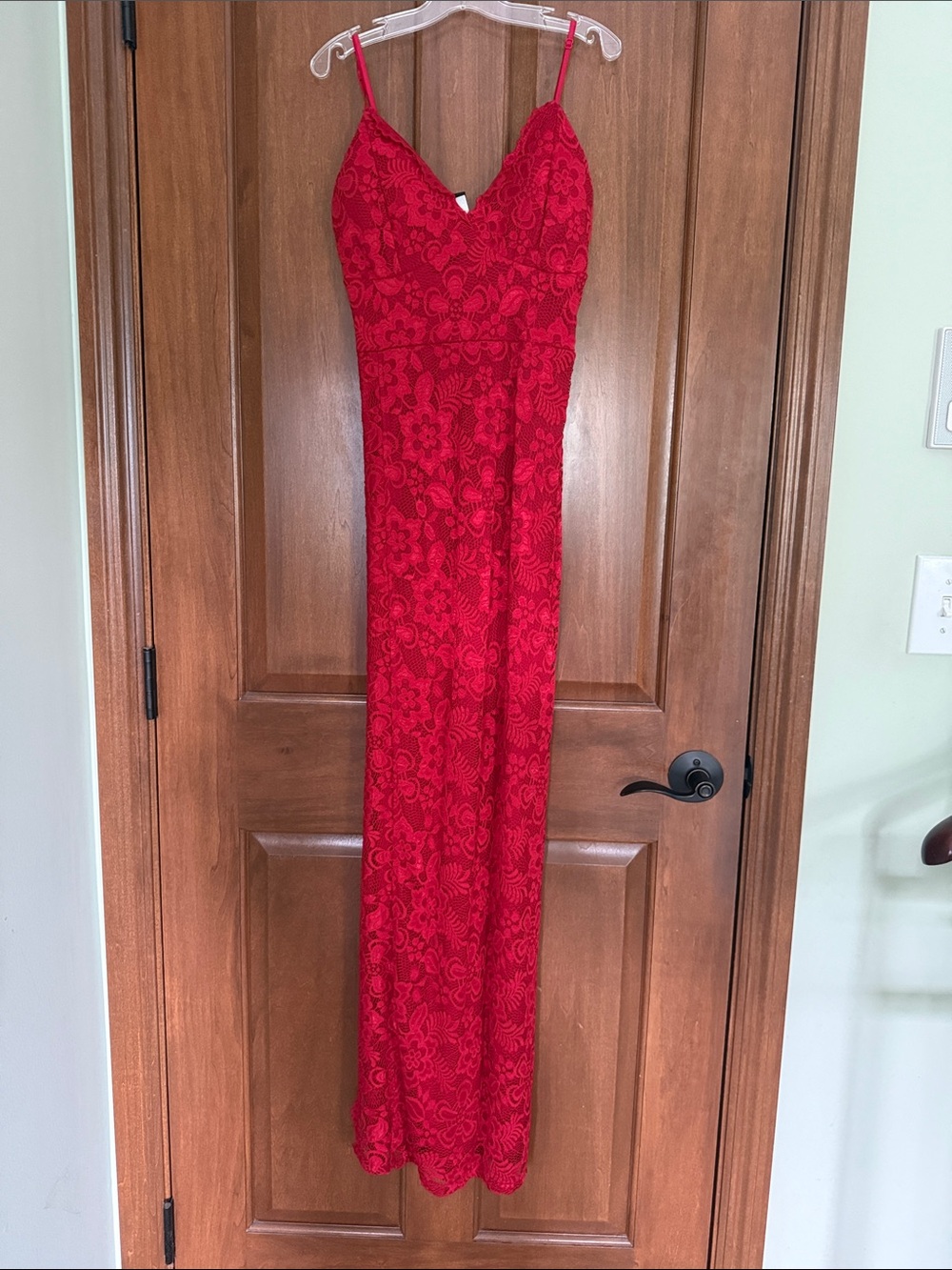 Windsor Homecoming/Prom Red Lace Long Slip Dress with Spaghetti Straps